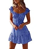 Ybenlover Damen Blumen Sommerkleid High Waist Volant Kleid Vintage Minikleid Strandkleid, Blau, M