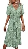 Jiraewh Damen Blumen Sommerkleid Knopf Kurzarm V-Ausschnitt Lose Knielang Kleid High Waist...