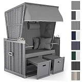 Sanzaro Strandkorb XL120 cm Deluxe Zweisitzer Holz und Poly-Rattan Sylt Ostsee Volllieger inkl. 4 x...