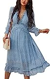 ZIYYOOHY Damen Lange Kleid Chiffon Rüschen mit Tief V-Ausschnitt Blumendruck Sommerkleid...