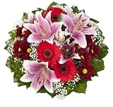 Dominik Blumen und Pflanzen, Blumenstrauß 'Charlotte' mit rosa Lilien, Chrysantheme, Gerbera und...